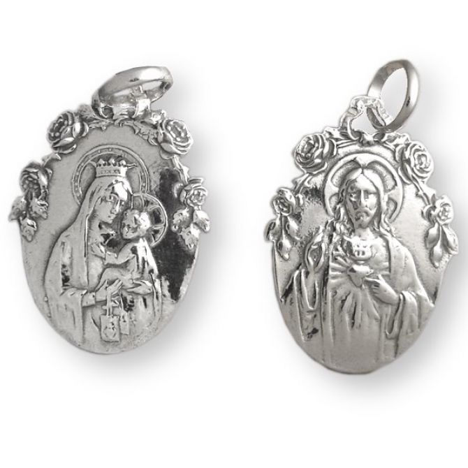 Escapulario plata Virgen del Carmen rosas